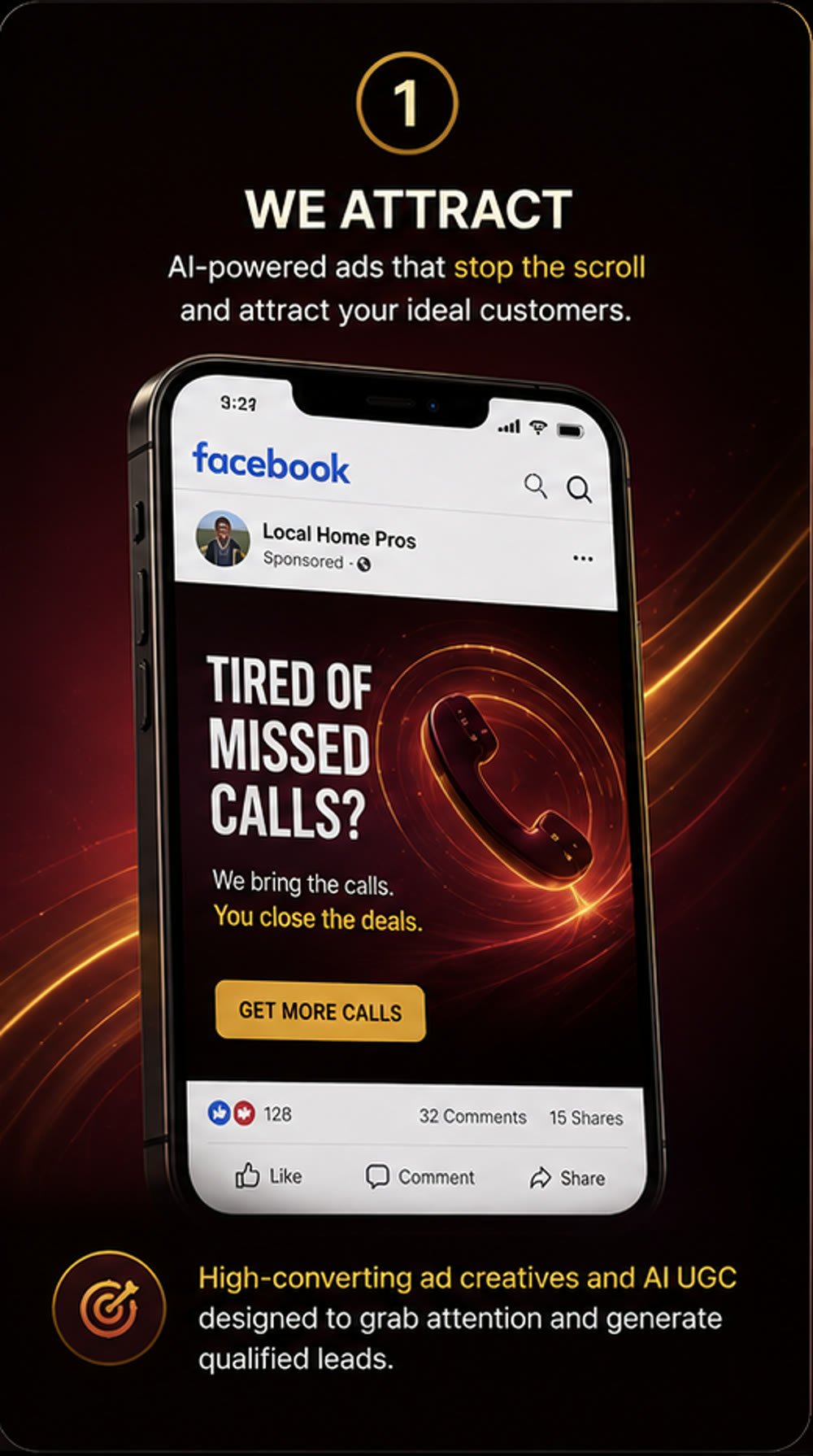 A Meta ad on a phone reading Tired of Missed Calls, with a Get More Calls button